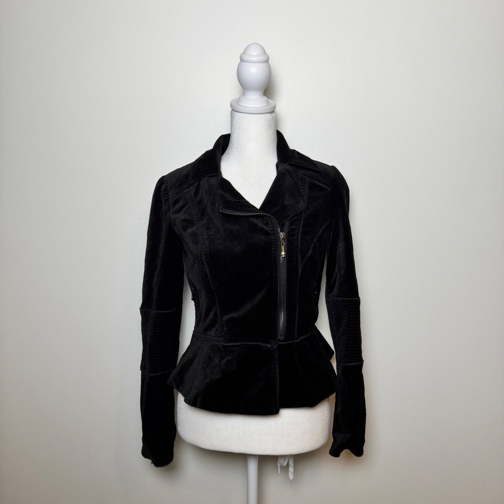 WHBM Black Velvet Moto Peplum Jacket Gothic Grunge Y2K Zip Fitted Size 0